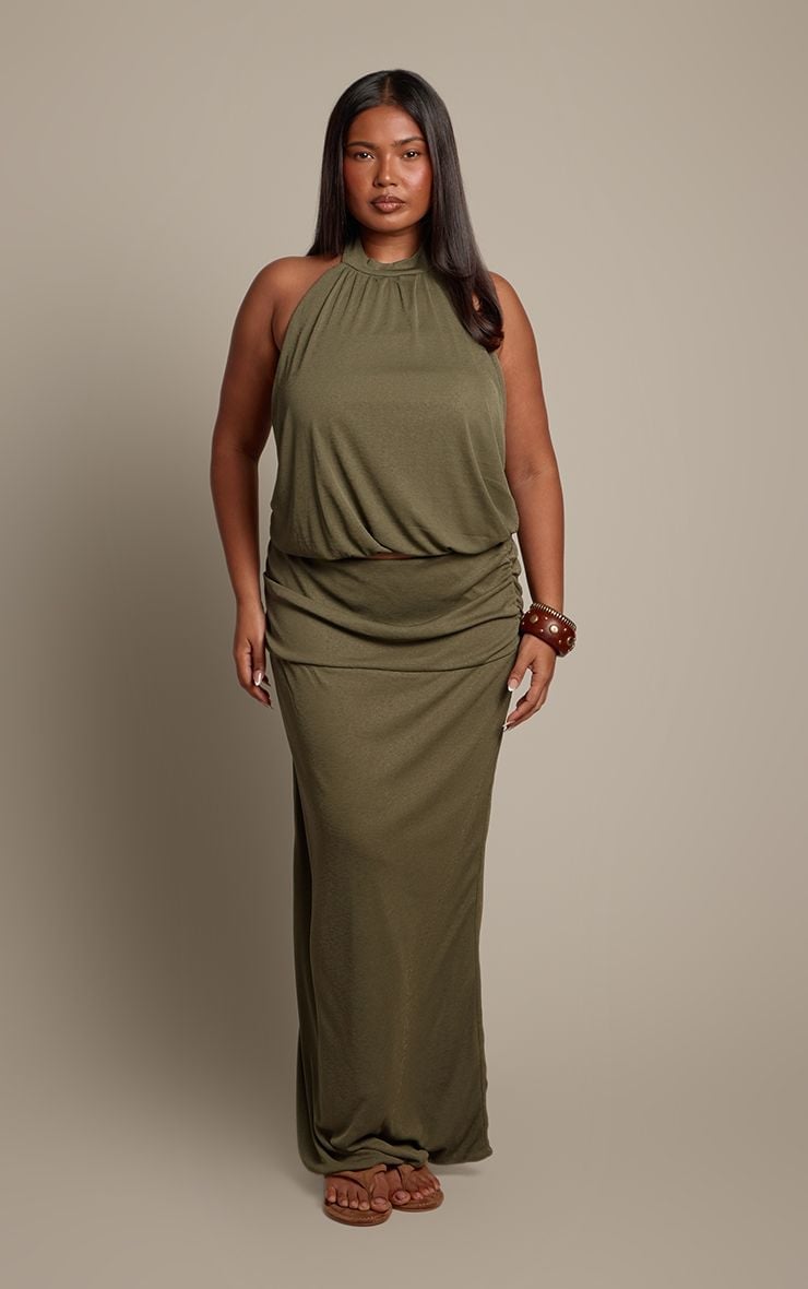 Olive Green Halter Neck Top and Maxi Skirt Set — Trendy Plus Size Outfits