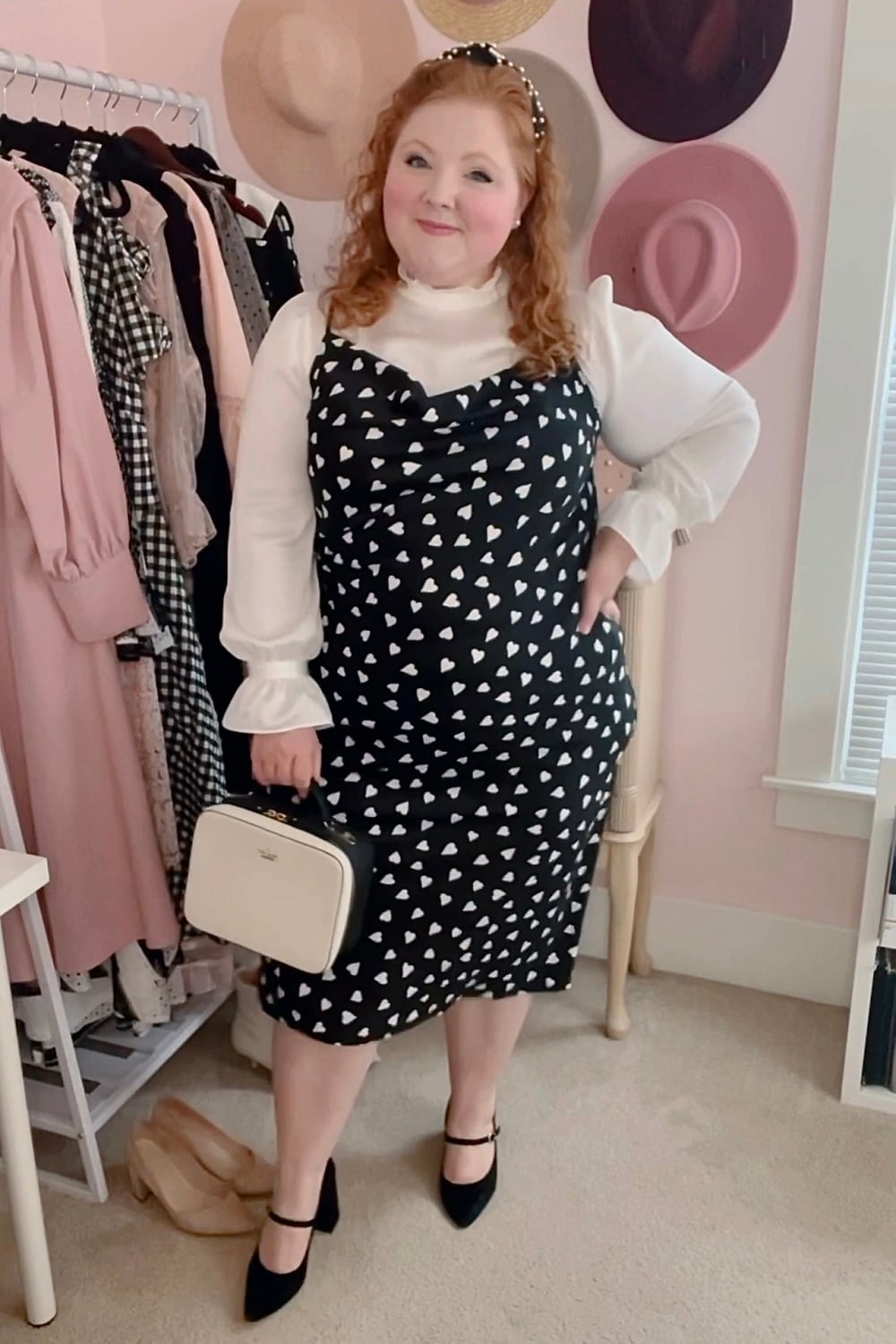 Heart Print Slip Dress with Ruffled Blouse — Trendy Plus Size Outfits