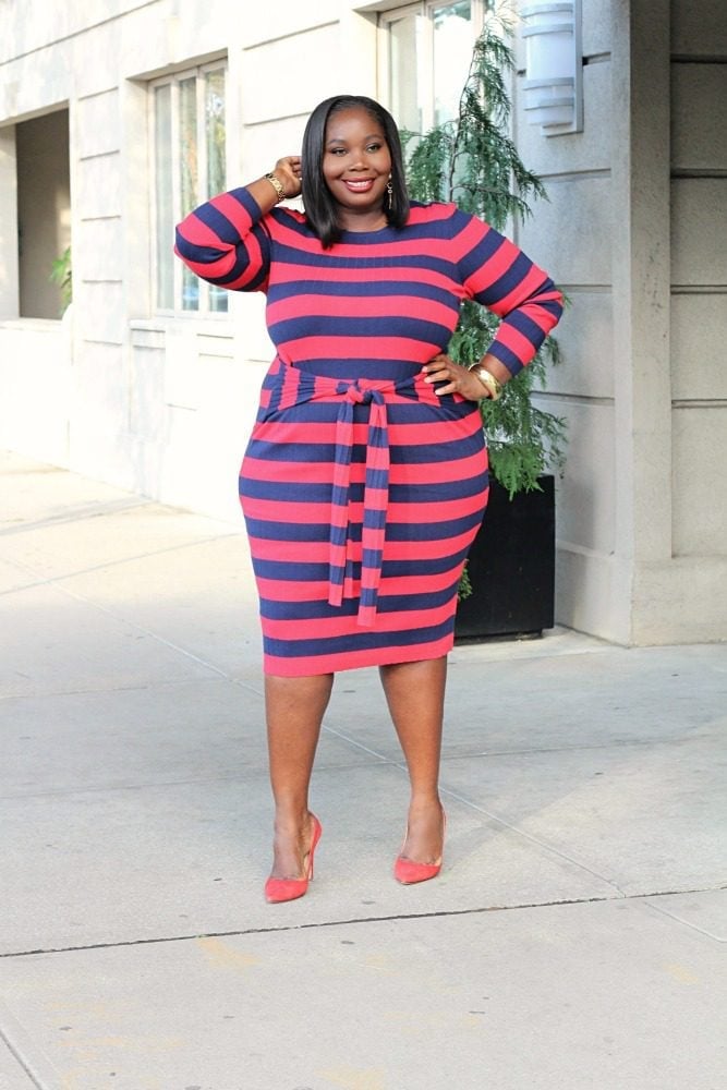 Striped Knit Dress with Self-Tie Belt — Trendy Plus Size Outfits