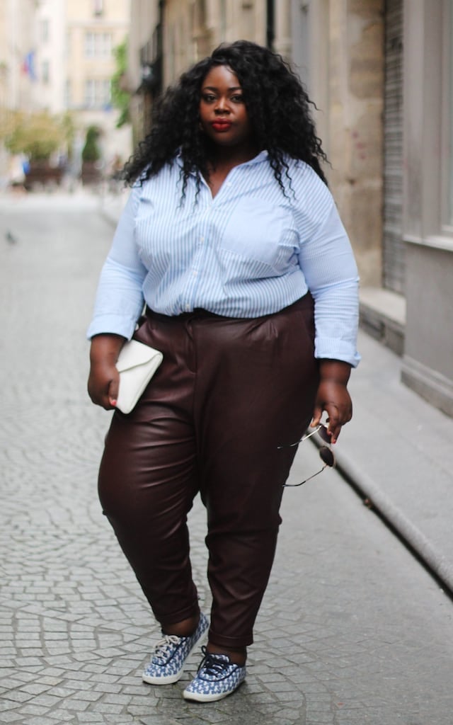 Faux Leather Tapered Trousers with Striped Shirt — Trendy Plus Size Outfits