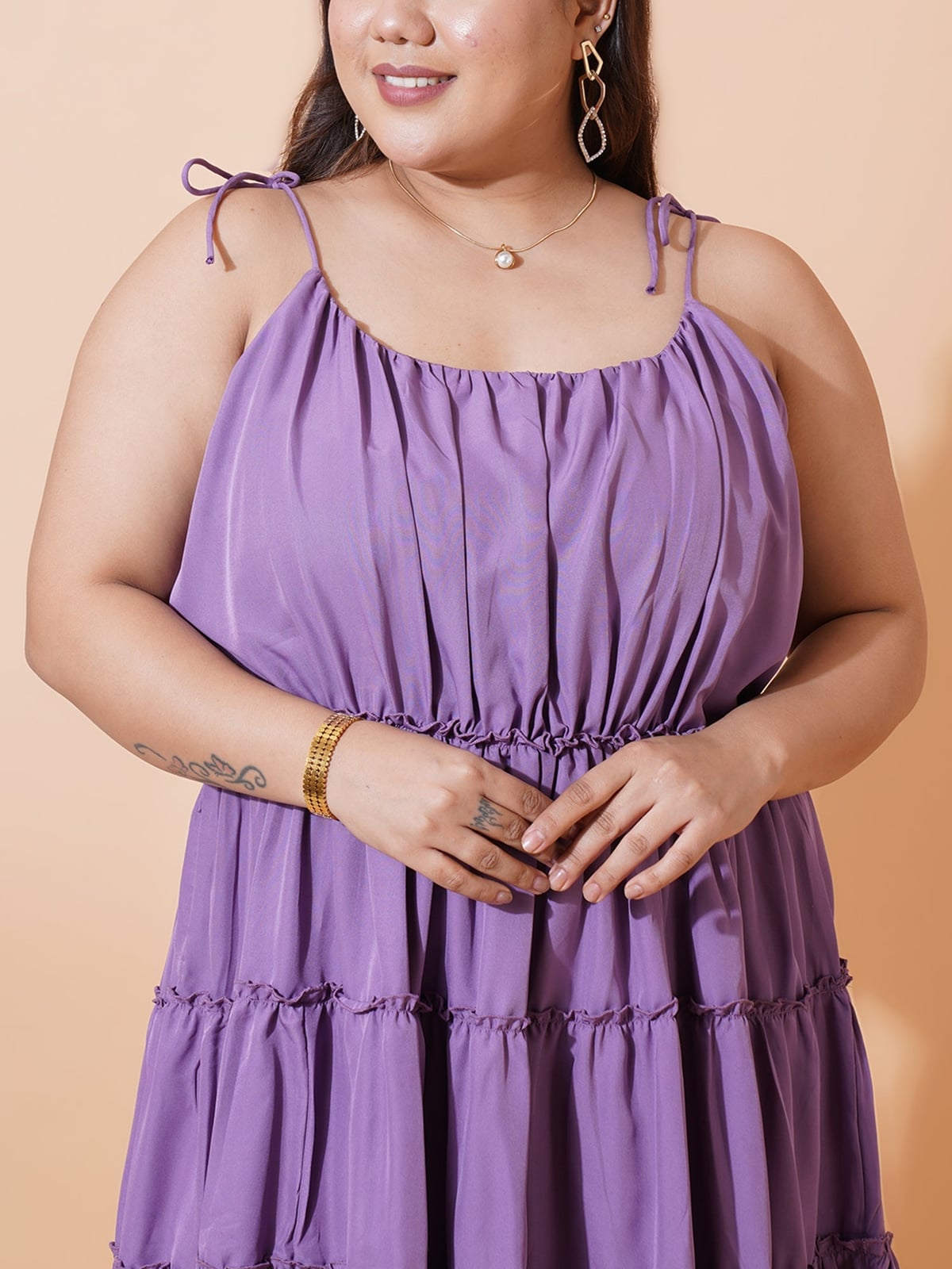 Purple Spaghetti Strap Tiered Dress — Trendy Plus Size Outfits