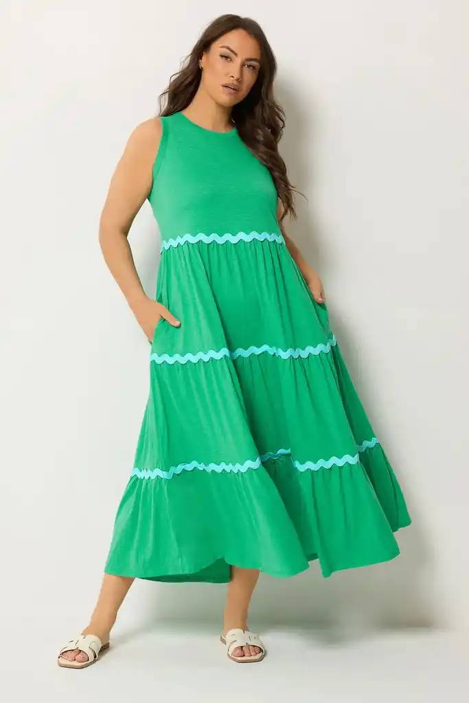 Green Tiered Midi Dress with Scalloped Trim — Trendy Plus Size Outfits