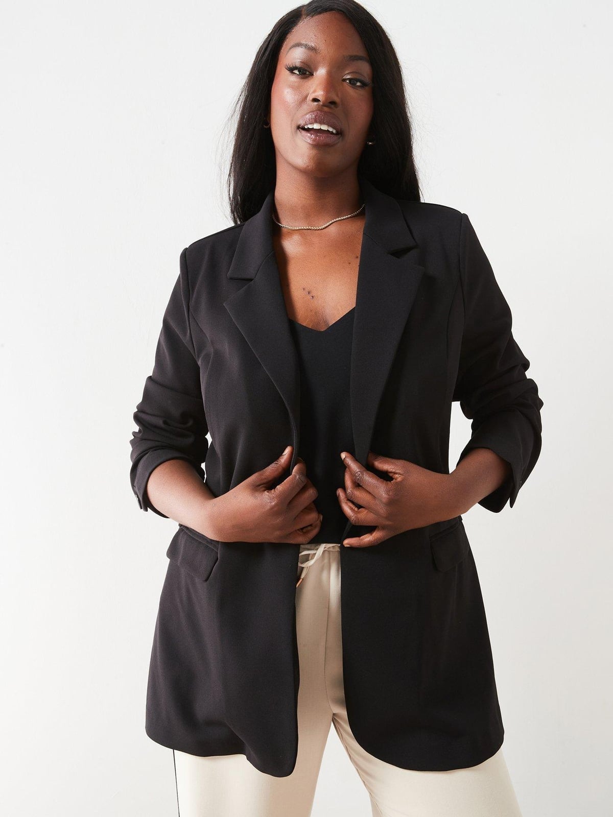 Black Blazer with Sheer Mesh Sleeves and Cream Trousers, Crepe — Trendy Plus Size Outfits