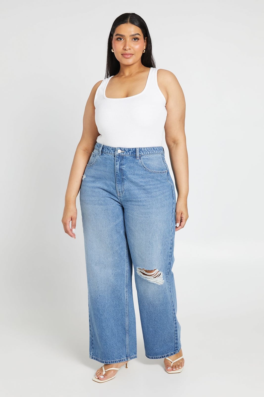 Ripped Wide Leg Jeans with White Tank Top — Trendy Plus Size Outfits