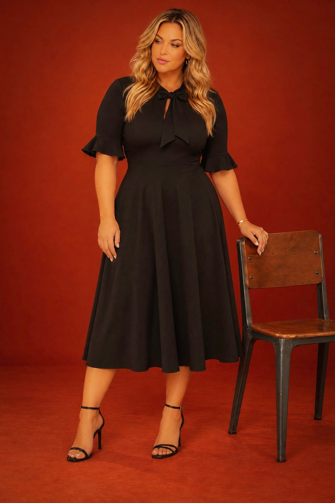 Black Midi Dress with Tie Neck Detail — Trendy Plus Size Outfits