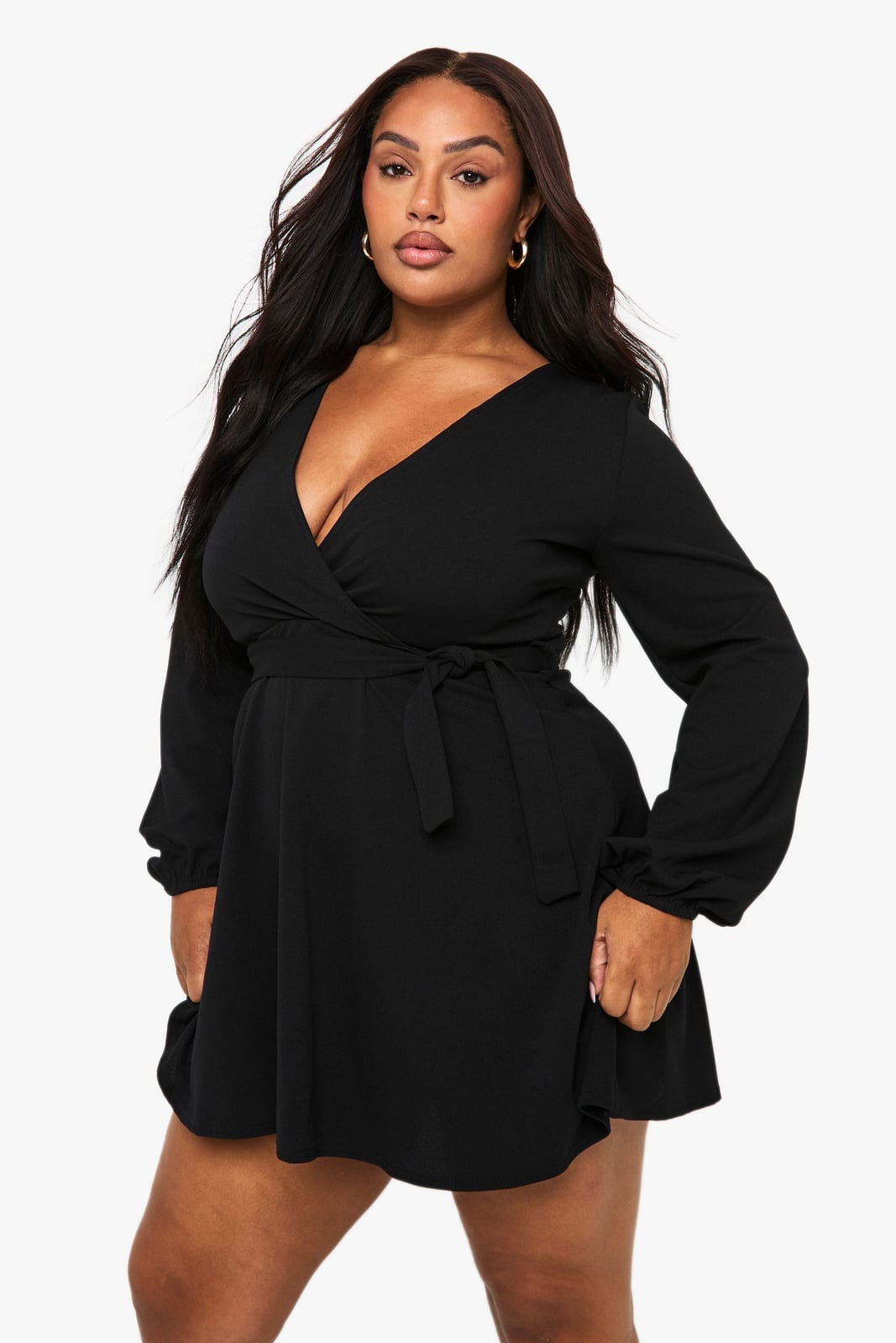 Black Wrap Mini Dress with A-line Silhouette — Trendy Plus Size Outfits