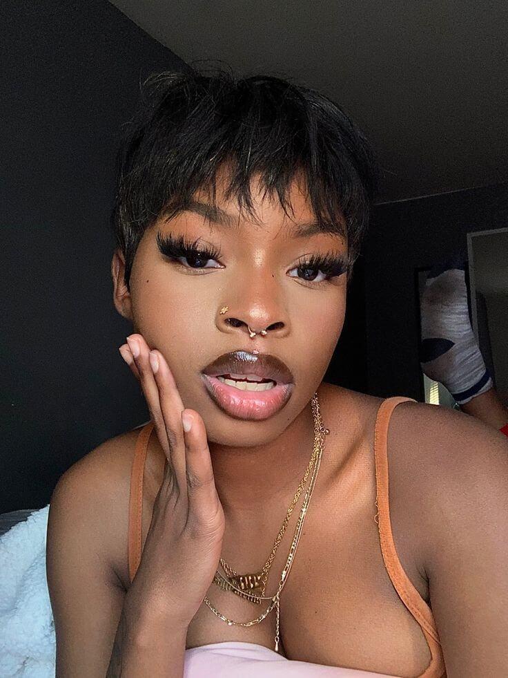 Orange Tank Top With Short Textured Pixie Quick Weave — Trendy Quick Weave