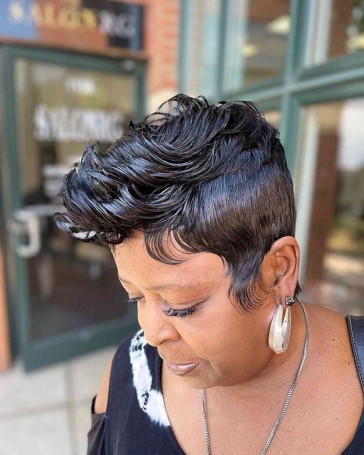 Patterned Off-Shoulder Top With Voluminous Wavy Hairstyle — Trendy Quick Weave