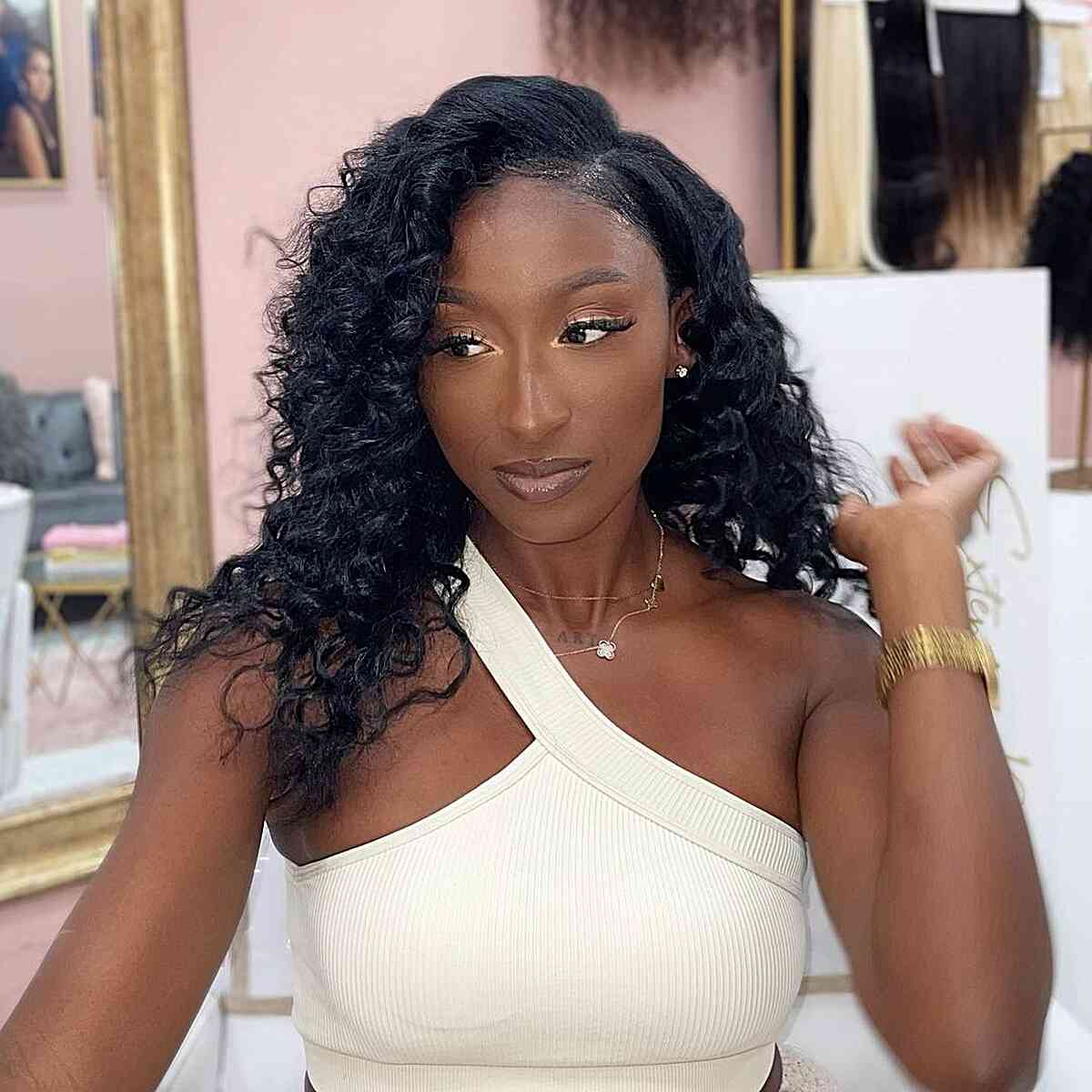 White One-Shoulder Top With Curly Black Weave — Trendy Quick Weave