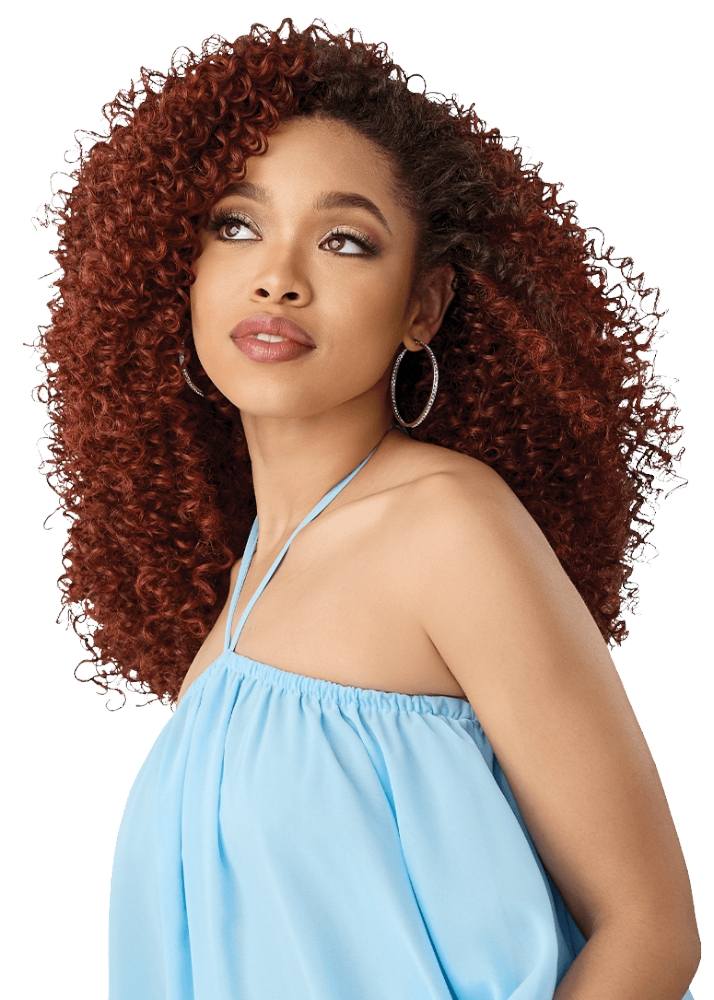 Light Blue Halter Top With Voluminous Reddish-Brown Curls — Trendy Quick Weave