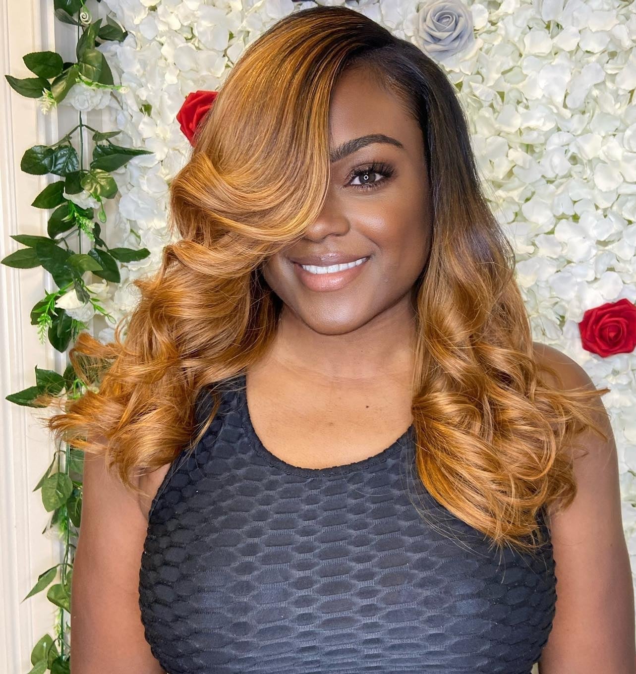 Black Textured Tank Top With Honey Blonde Highlights — Trendy Quick Weave