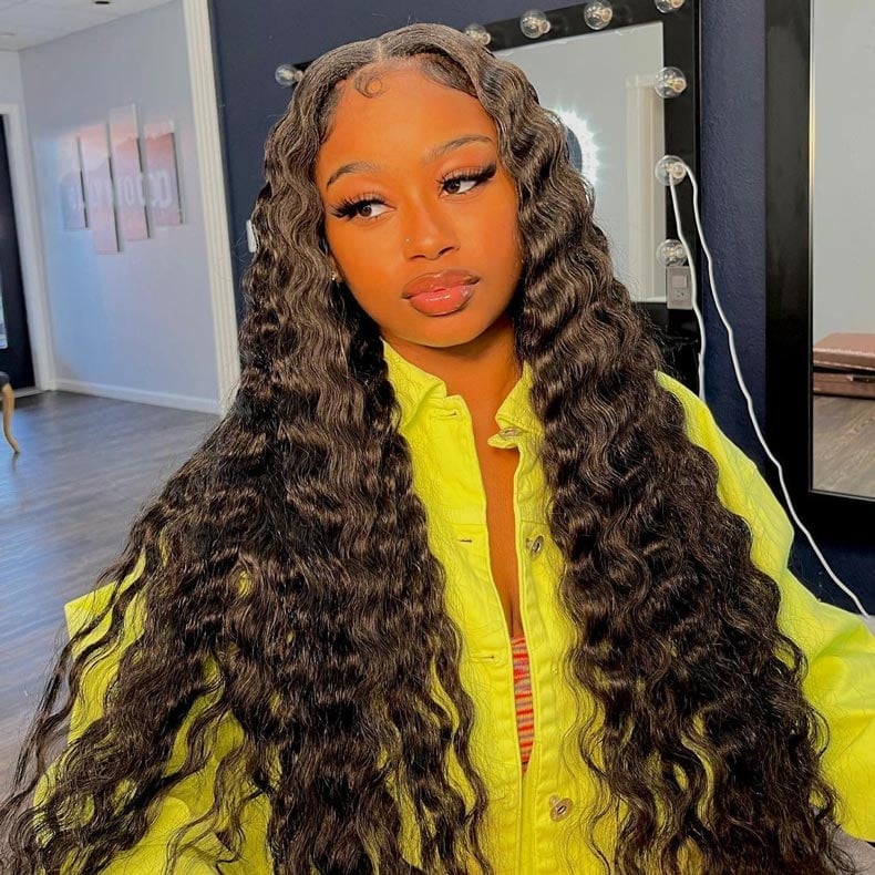 Neon Yellow Button-Up Over Striped Top With Long Wavy Hair — Trendy Quick Weave