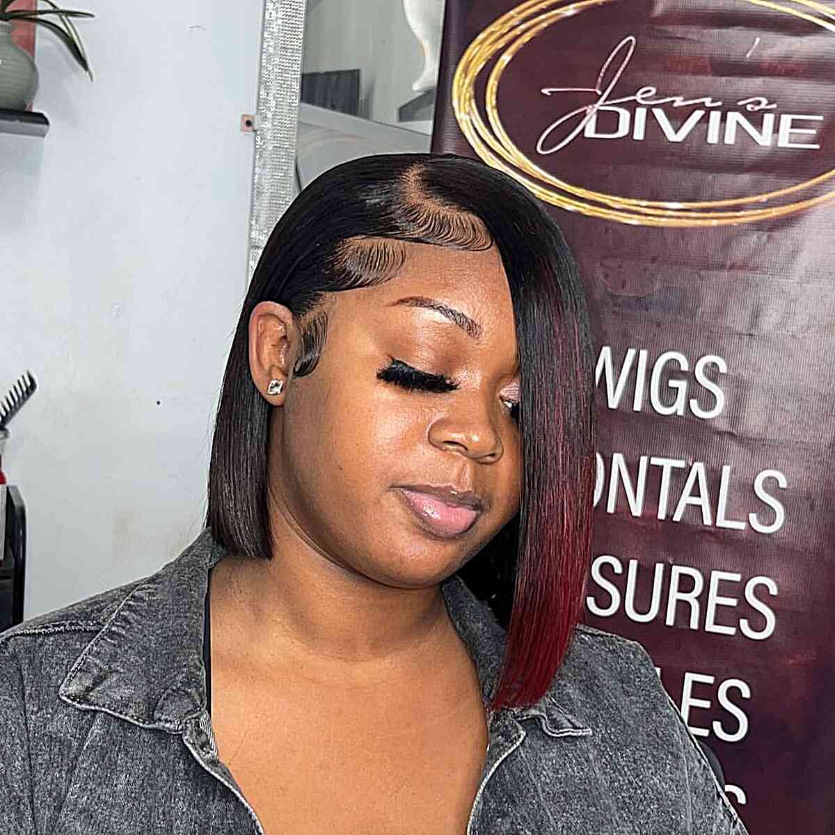 Grey Denim Jacket With Asymmetrical Black Bob — Trendy Quick Weave