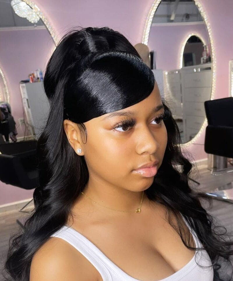 White Tank Top With High Ponytail and Side-Swept Bang — Trendy Quick Weave