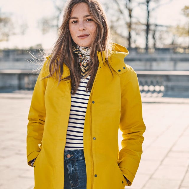 Bright Yellow Raincoat Over Striped Tee — Trendy Rain Jacket Outfits