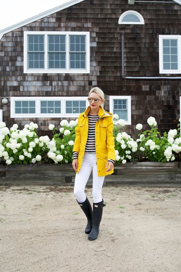 Yellow Hooded Jacket With Striped Top — Trendy Rain Jacket Outfits