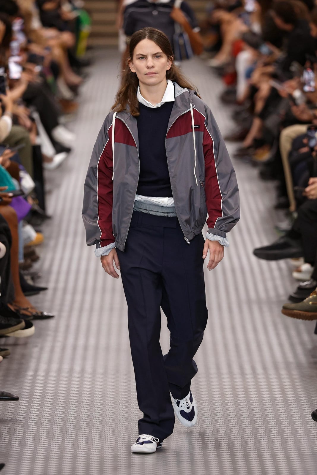 Grey Color-Blocked Jacket With Navy Layers — Trendy Rain Jacket Outfits