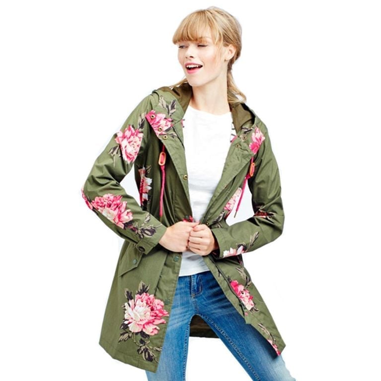 Green Floral Print Jacket Over White Tee — Trendy Rain Jacket Outfits