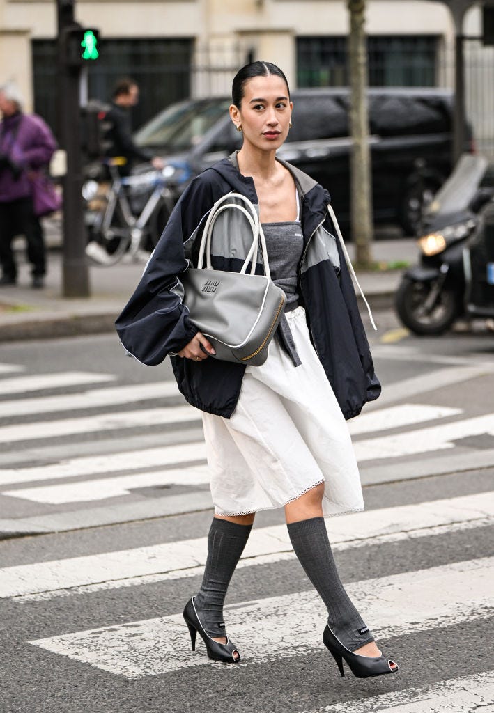 Oversized Navy And Grey Jacket With Midi Skirt — Trendy Rain Jacket Outfits
