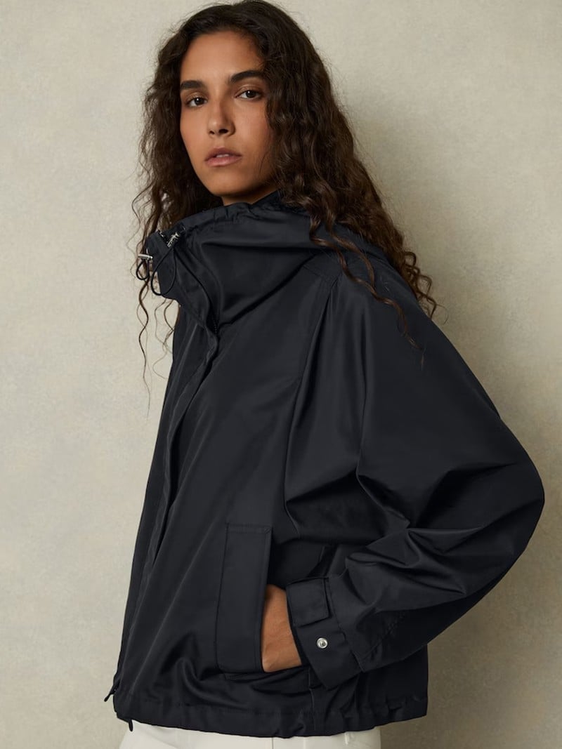 Dark Navy Hooded Rain Jacket — Trendy Rain Jacket Outfits