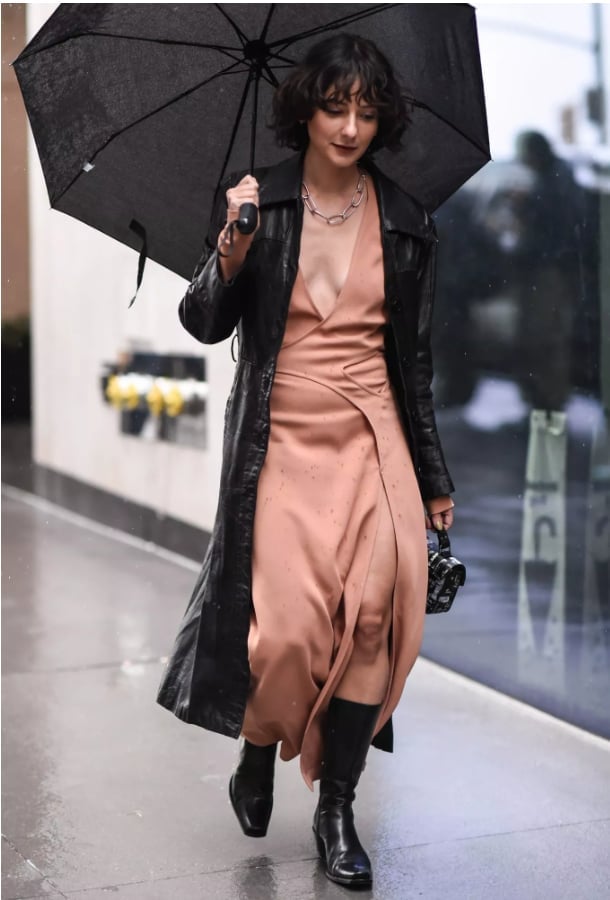 Black Leather Trench Coat Over Satin Dress — Trendy Rain Jacket Outfits