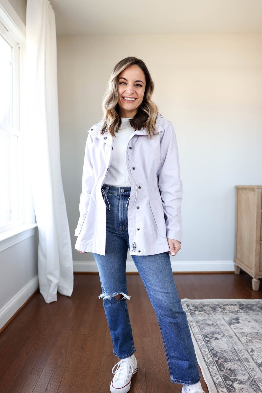 Light Purple Fitted Jacket With Ripped Jeans — Trendy Rain Jacket Outfits