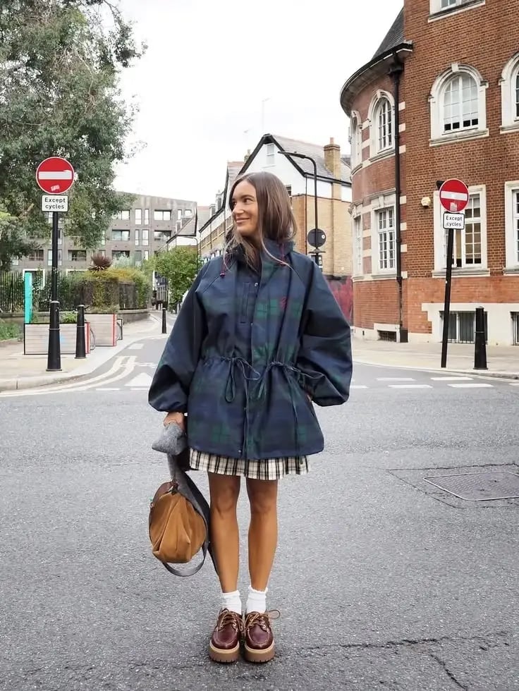 Plaid Parka With Drawstring Waist — Trendy Rain Jacket Outfits