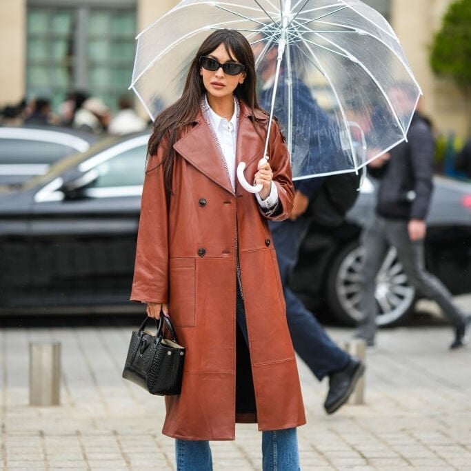 Brown Leather Trench Coat With White Shirt — Trendy Rain Jacket Outfits
