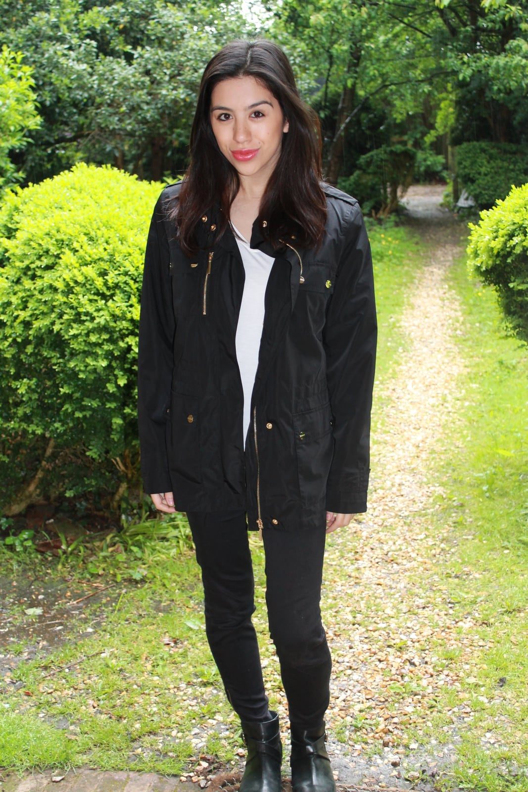 Black Utility Jacket With Gold Zippers — Trendy Rain Jacket Outfits