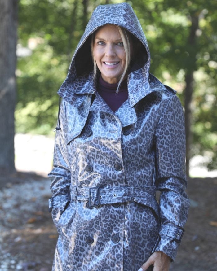 Leopard Print Vinyl Trench Coat — Trendy Rain Jacket Outfits