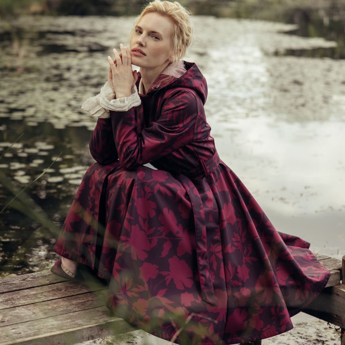 Burgundy Floral Print Coat — Trendy Rain Jacket Outfits