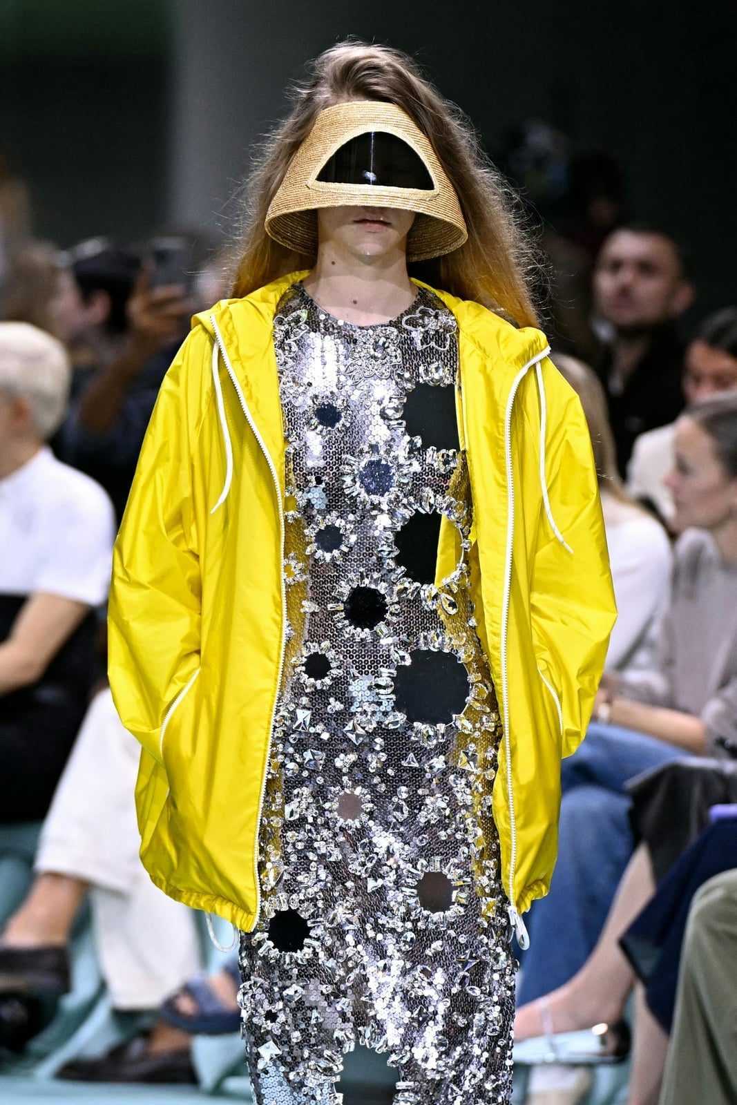 Bright Yellow Hooded Jacket Over Sequined Dress — Trendy Rain Jacket Outfits