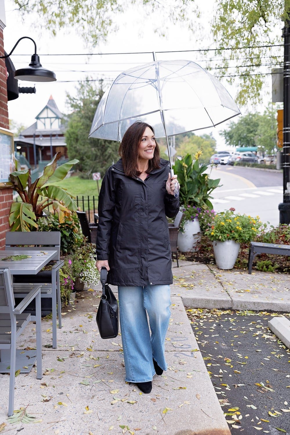 Long Black Technical Rain Jacket With Denim — Trendy Rain Jacket Outfits