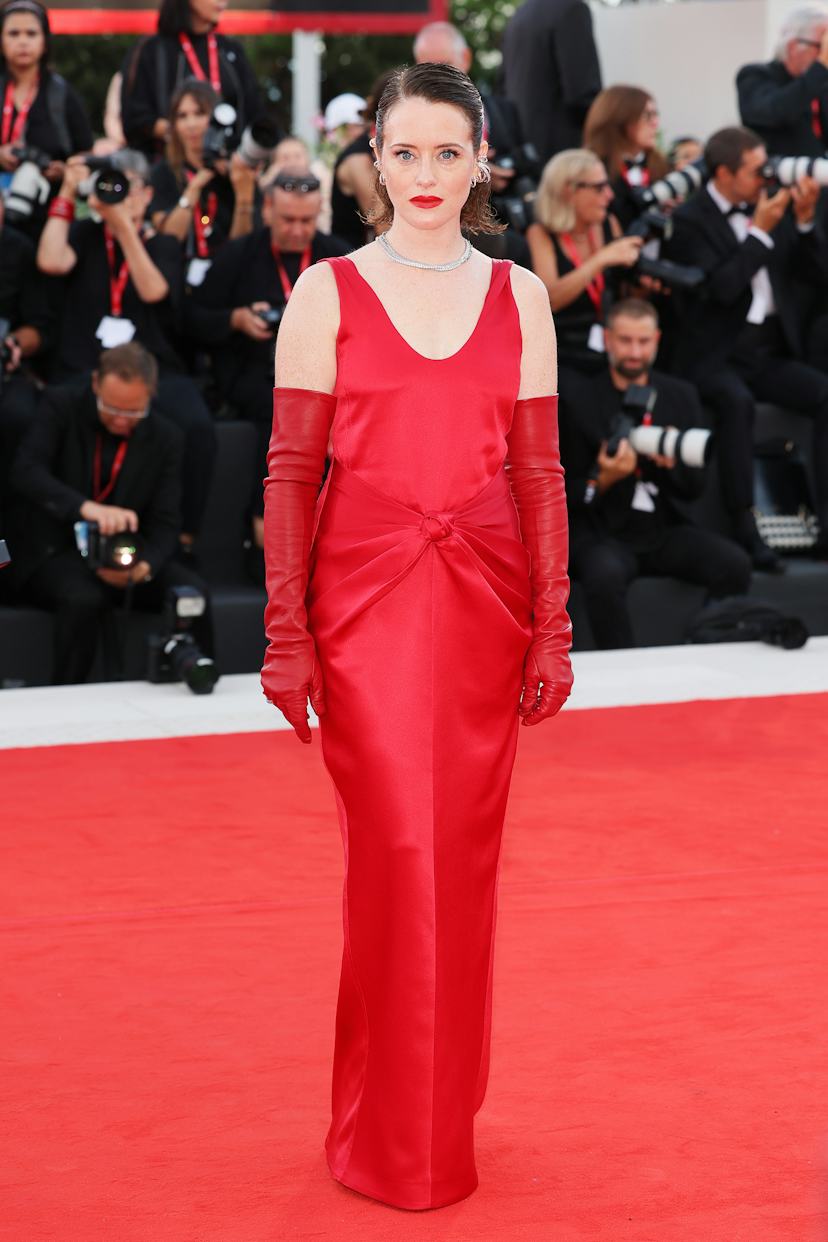 Red Satin Column Dress with Leather Gloves Red Satin Column Dress with Leather Gloves — Trendy Red Carpet Outfits