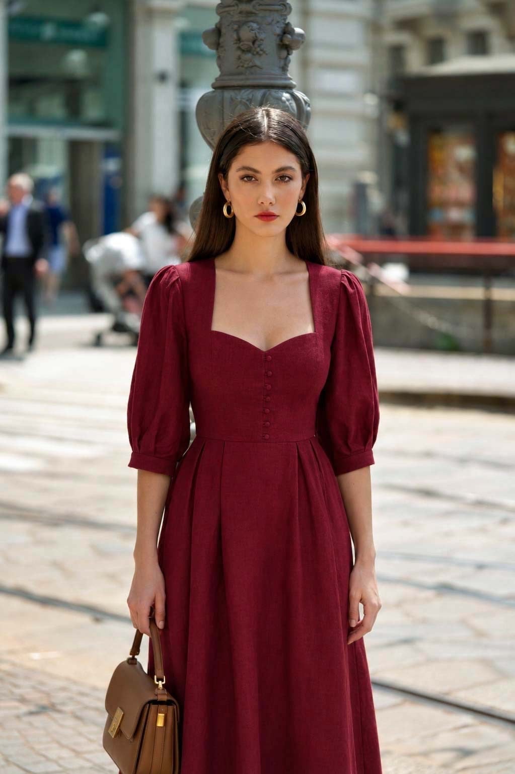 Bright Red Satin Maxi Dress with Ruffled High Neckline Bright Red Satin Maxi Dress with Ruffled High Neckline — Trendy Red Dresses Outfits