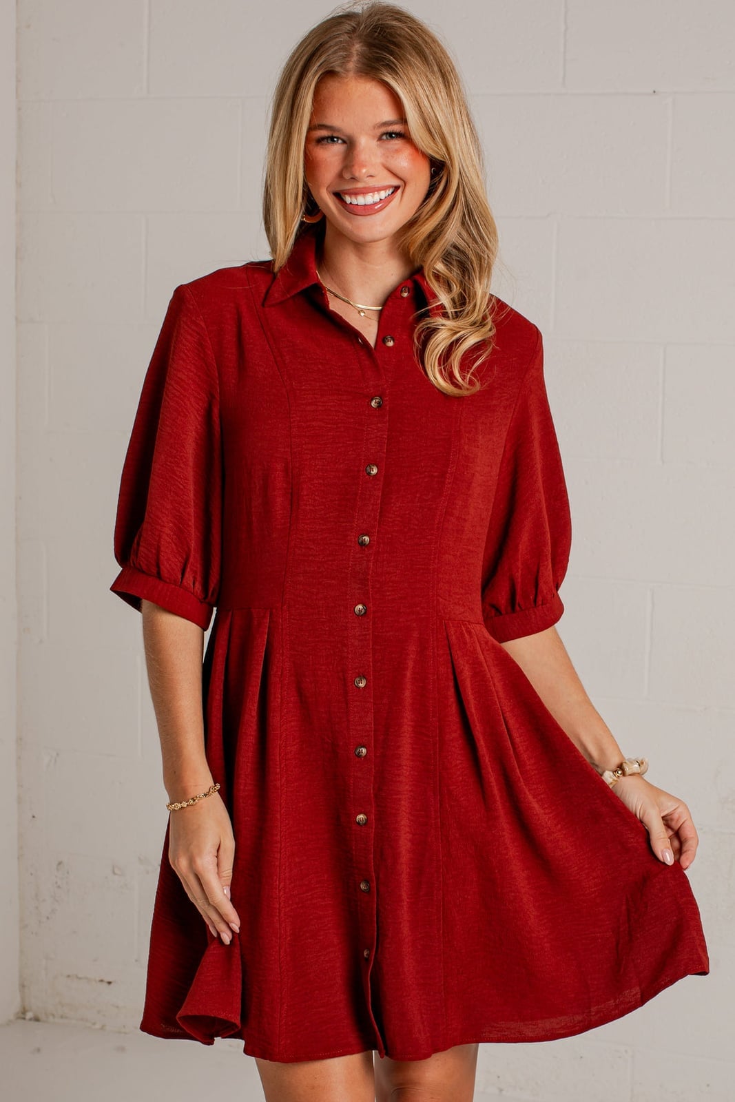 Red Textured Woven Shirt Dress with Button Front Red Textured Woven Shirt Dress with Button Front — Trendy Red Dresses Outfits
