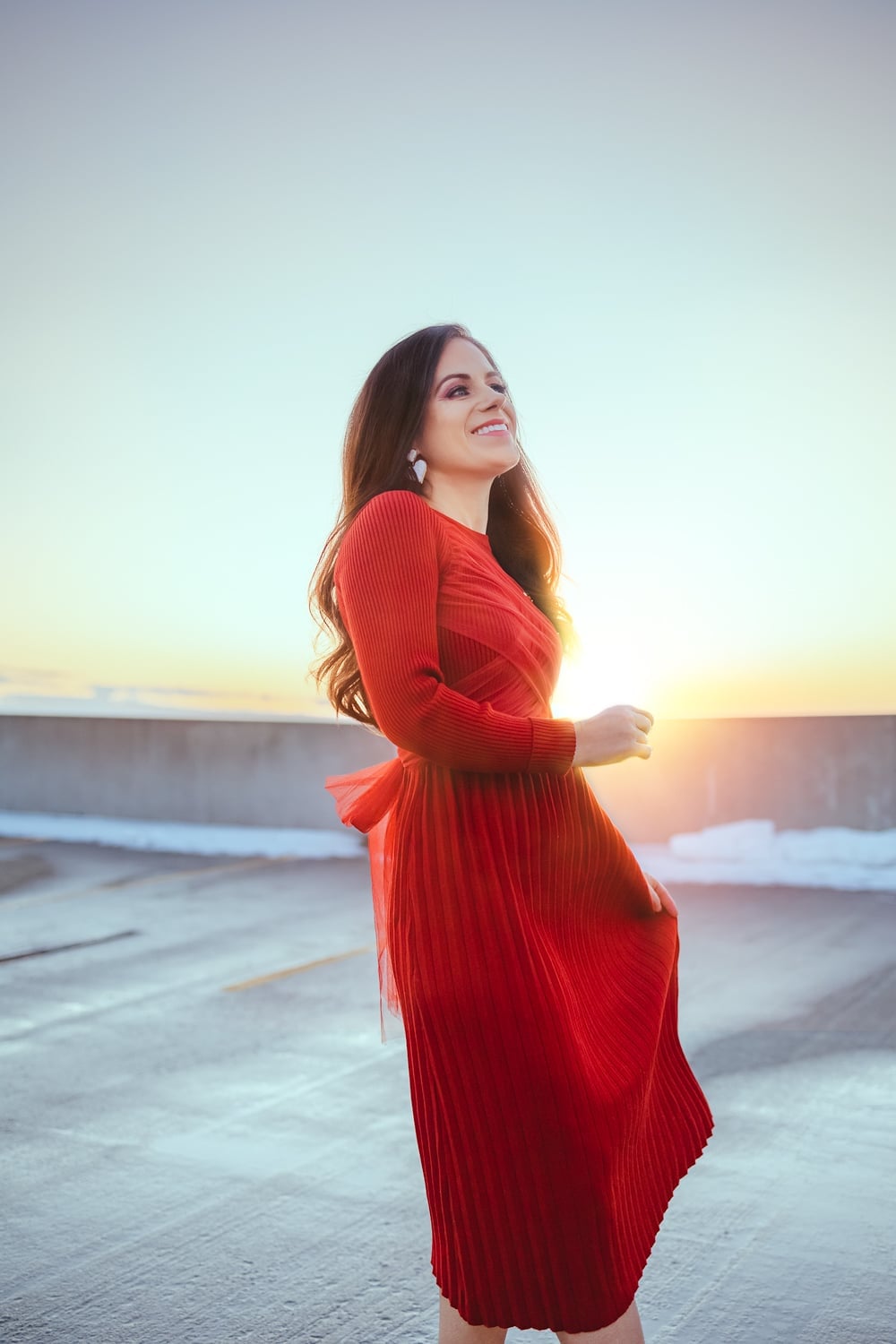 Rich Red Long-Sleeved Midi Dress with Pleated Texture Rich Red Long-Sleeved Midi Dress with Pleated Texture — Trendy Red Dresses Outfits