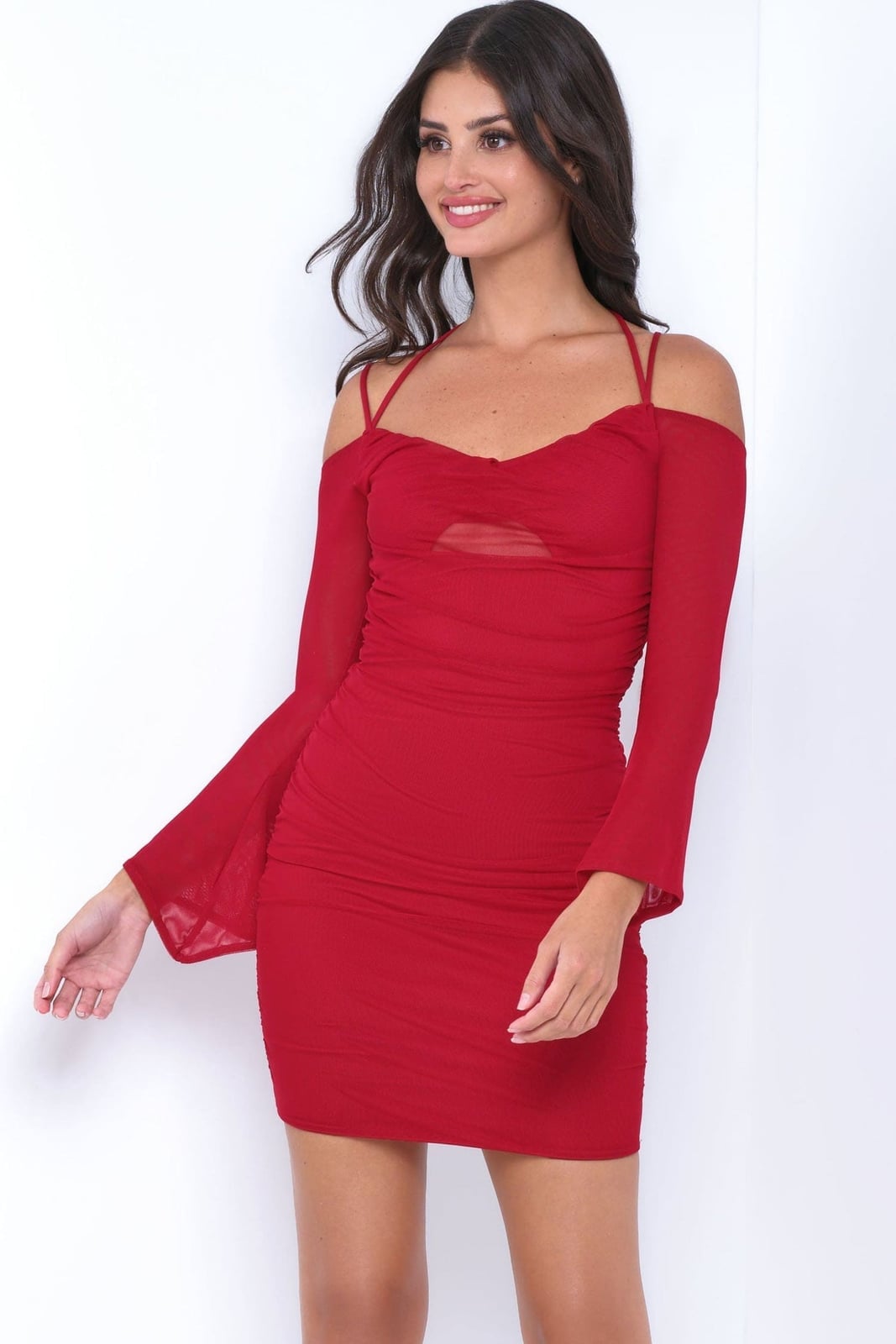 Bright Red Ruched Mini Dress with Cold Shoulder Sleeves Bright Red Ruched Mini Dress with Cold Shoulder Sleeves — Trendy Red Dresses Outfits