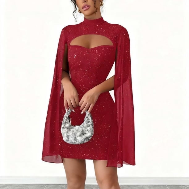 Red Glitter Mini Dress with Cut-Out Neckline and Cape Sleeves Red Glitter Mini Dress with Cut-Out Neckline and Cape Sleeves — Trendy Red Dresses Outfits