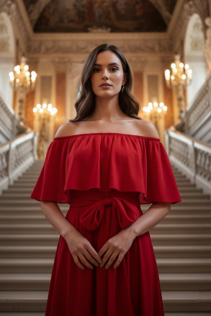 Solid Red Off-Shoulder Maxi Dress with Tie Waist Solid Red Off-Shoulder Maxi Dress with Tie Waist — Trendy Red Dresses Outfits