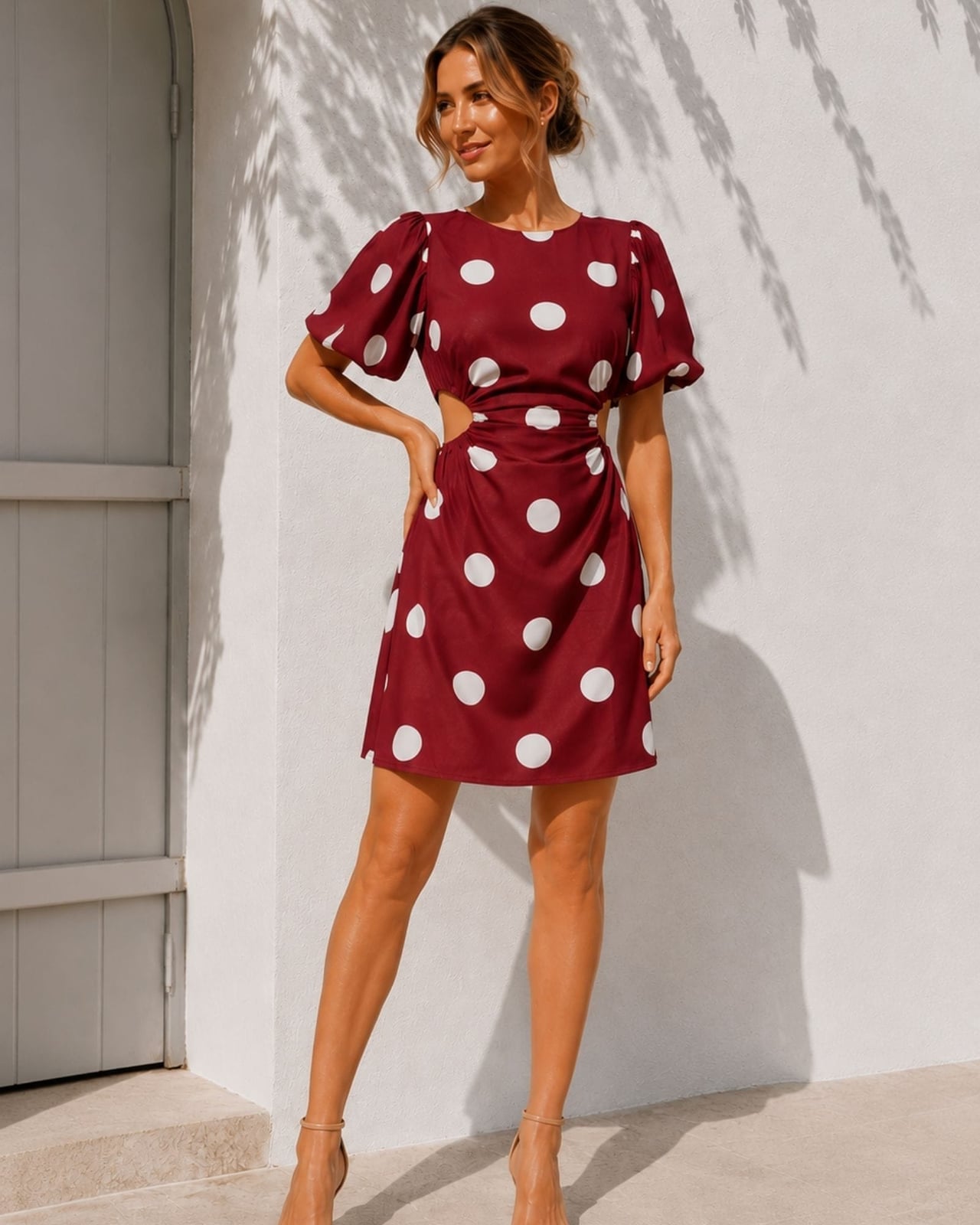Wine Red Polka Dot Mini Dress with Waist Cut-Outs Wine Red Polka Dot Mini Dress with Waist Cut-Outs — Trendy Red Dresses Outfits