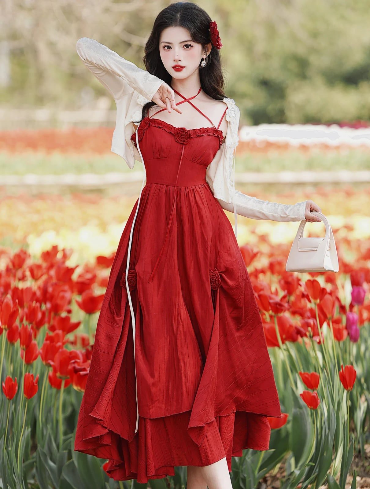 Red Textured Woven Midi Dress with Floral Appliques Red Textured Woven Midi Dress with Floral Appliques — Trendy Red Dresses Outfits