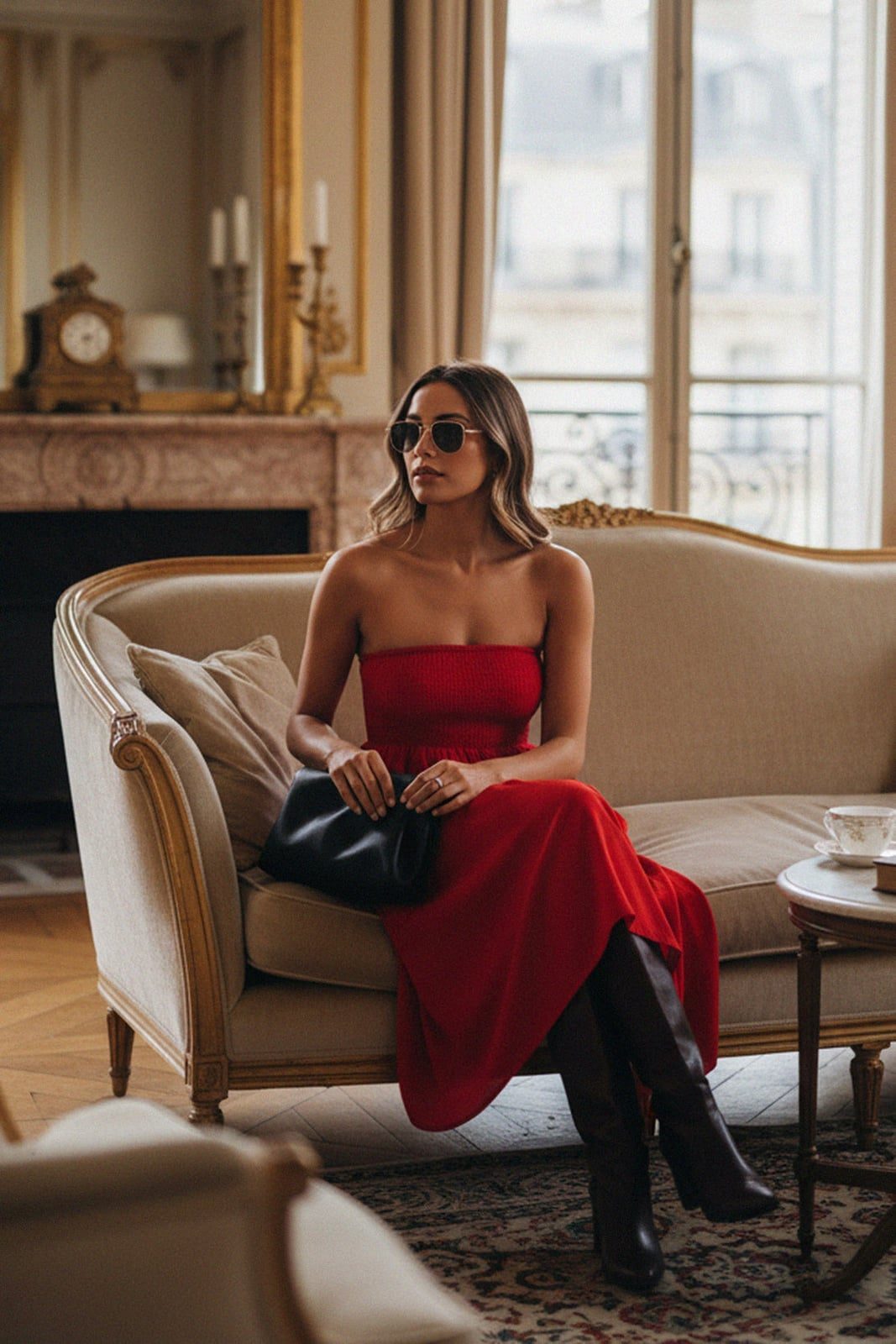 Bright Red Strapless Midi Dress with Smocked Bodice Bright Red Strapless Midi Dress with Smocked Bodice — Trendy Red Dresses Outfits