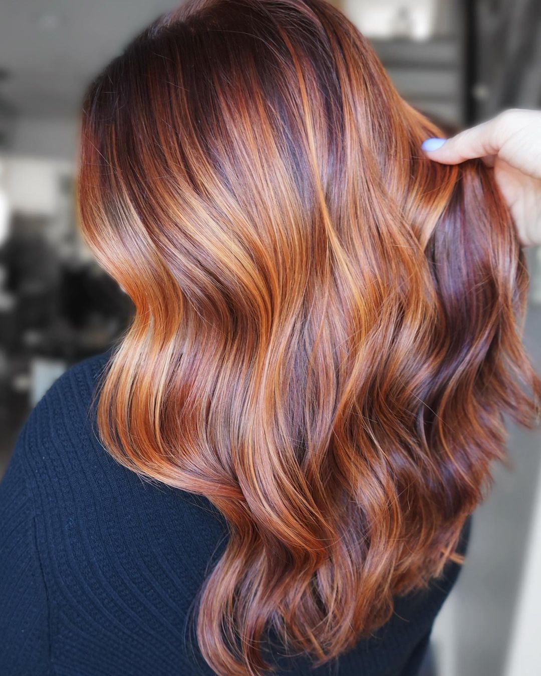 Layered Red Base With Copper And Blonde Highlights — Trendy Red Hair with Highlights