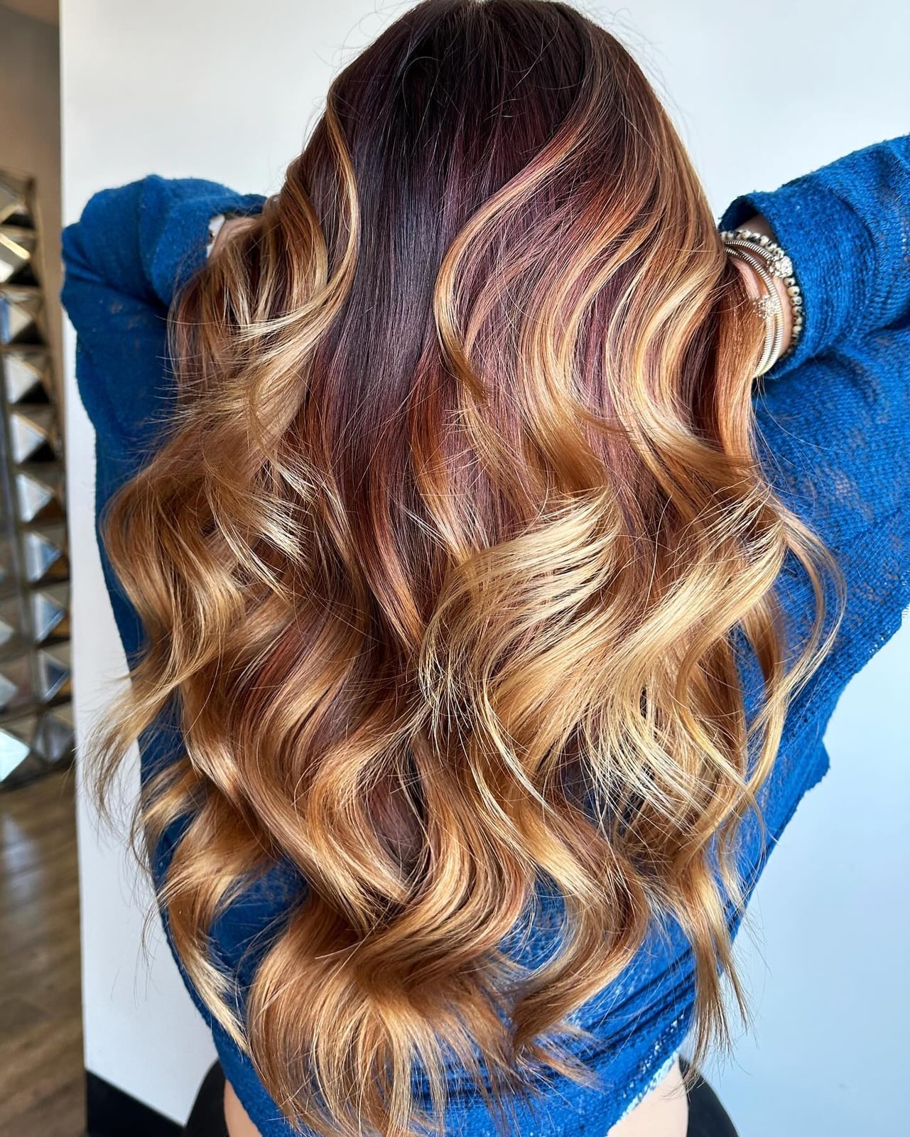 Dark Red Base With Copper And Blonde Highlights, Wavy — Trendy Red Hair with Highlights