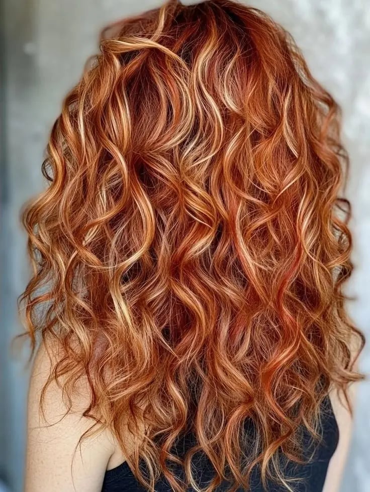 Red Base With Blonde And Copper Highlights, Close-Up Take — Trendy Red Hair with Highlights