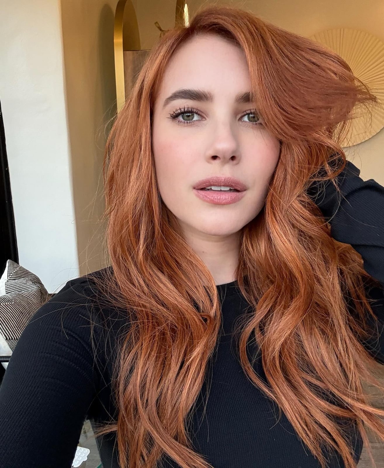 Red Base With Copper Balayage On Side Part — Trendy Red Hair with Highlights