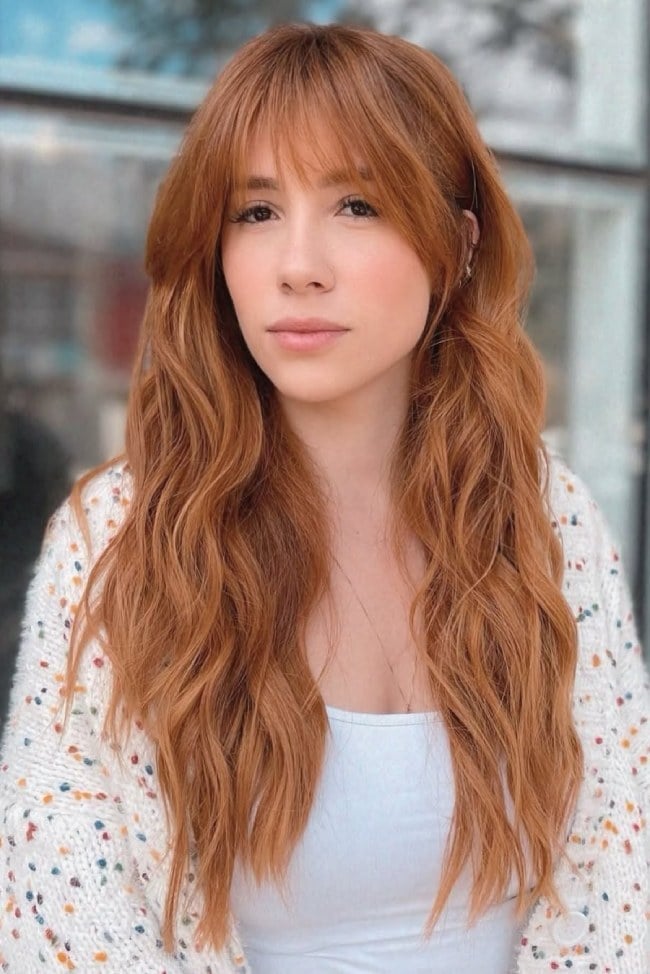 Long Copper Ginger Layered With Wispy Bangs — Trendy Red Hairstyles