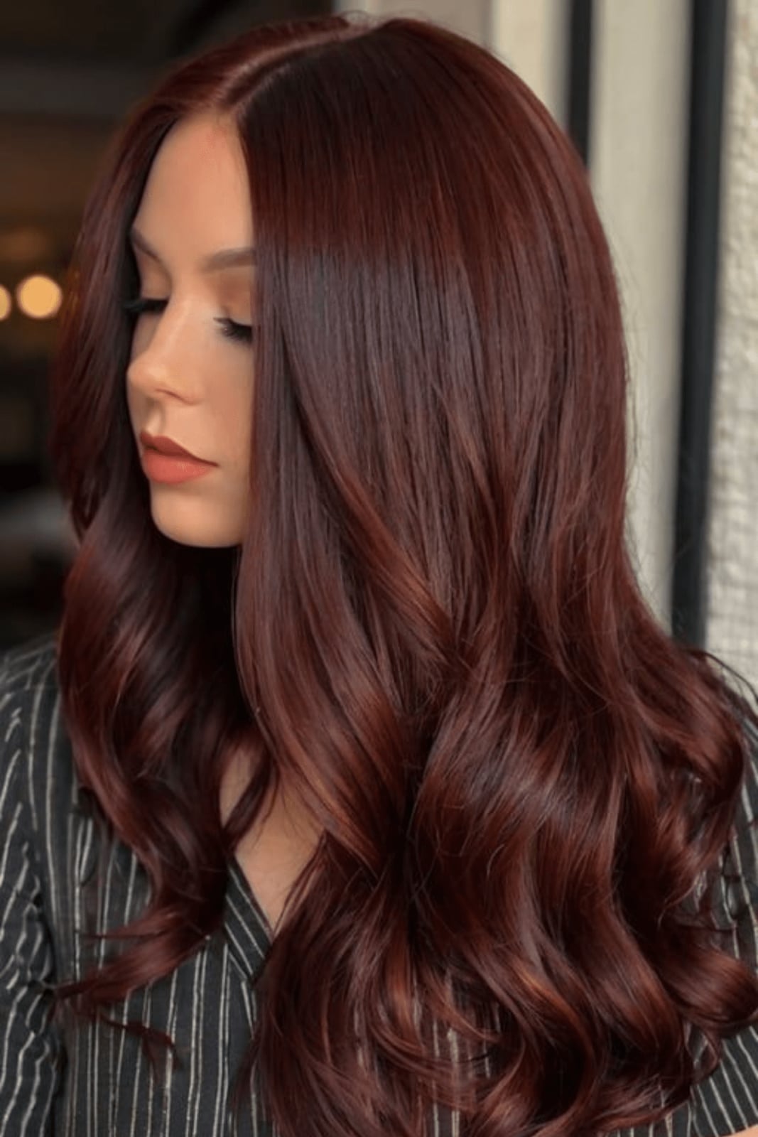 Collarbone Dark Auburn With Red Undertones, Wavy — Trendy Red Hairstyles