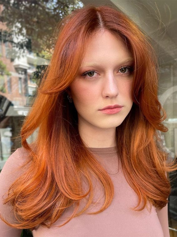 Collarbone Lob Vibrant Copper Red Balayage — Trendy Red Hairstyles